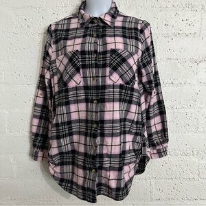 No Boundaries Juniors Top L 11-13 Pink Black Plaid Button Front Tab Sleeve AB11
